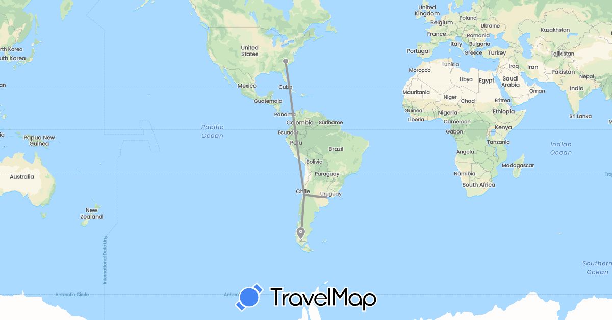 TravelMap itinerary: driving, plane, train in Argentina, Chile, United States (North America, South America)